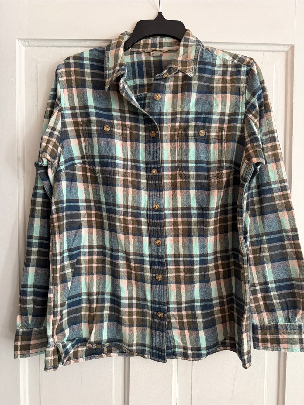Duluth Trading Co. Plaid Button-Down Shirt in Blue, Green & Pink